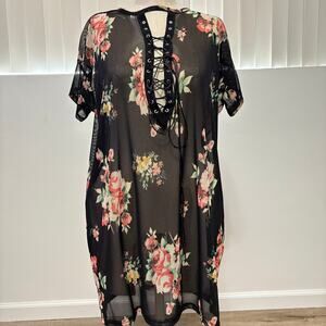 NWT HOPELY  Black Floral Print Women's Mesh Short Sleeve Dress Shirt Small